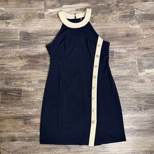 Tommy Hilfiger Women’s Navy Blue Cream Halter Dress Gold Tone Decorative Buttons
